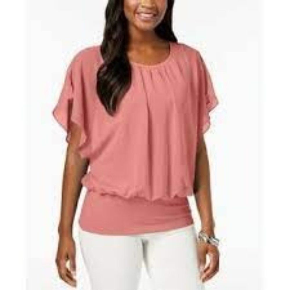 JM Collection Womens Dusty Coral Flared Sleeve Wide U Neck Blouse Top Size PM
